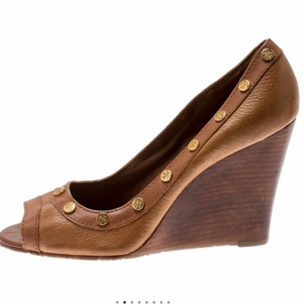 Tan Tory Burch Peep Toe Leather Wedges